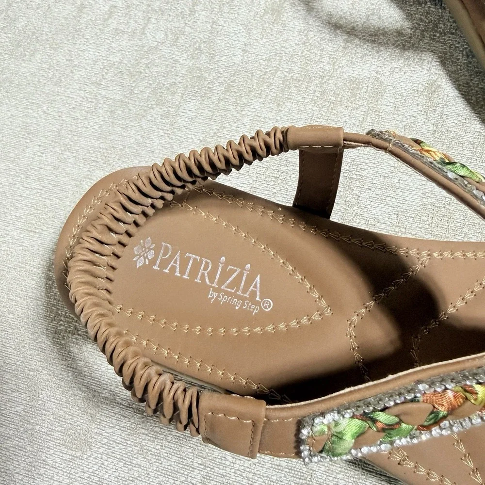 Patrizia by Spring Step Waterflow Tan Rhinestone Braided Slingback Sandals Sz 6